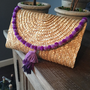 Pom Pom and Tiered Tassel Straw Clutch <b>Purse</b>/Blue Pom Pom Tassel Clutch/<b>Pink</b> Pom Pom Tassel Clutch - Product Image 1