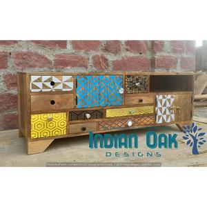 Armario de TV con pinturas indias de madera rústica, soporte de TV, mesa de TV - Product Image 5