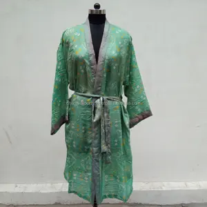 Wholesale Vintage Silk Saree Women Nightwear Beachwear Bathrobes Kimonos For Beach Wear Indoor Floral Printed Cotton Kimono