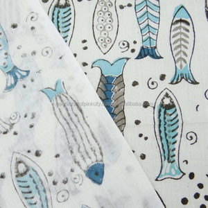 Indian Hand Block Print Cotton Fabric Handmade Beautiful <b>Voile</b> <b>White</b> Base Fish Print Fabric Dress Material - Product Image 4