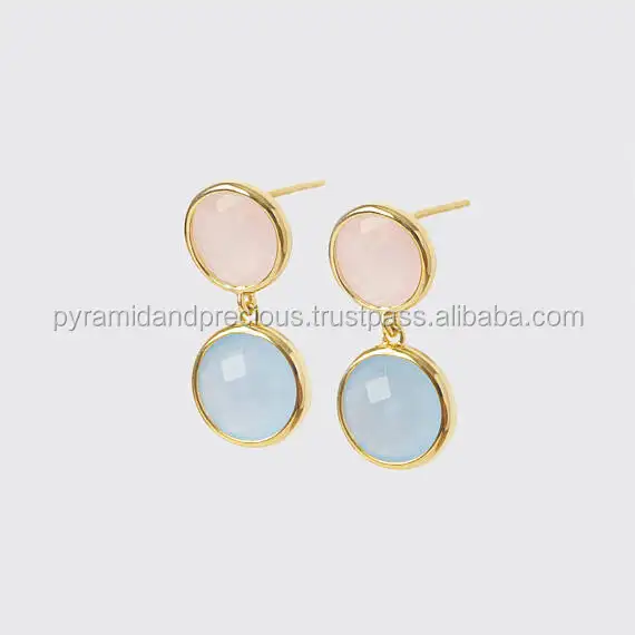 Aqua Chalcedony and Pink Chalcedony Gold Plated Over Sterling Silver Bezel Set 2 Stone Earring