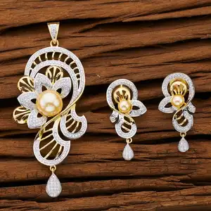 Pearl Studded Flower Pattern 2 Tone Plated American Diamond Pendant Set 53113 At Reasonable Price