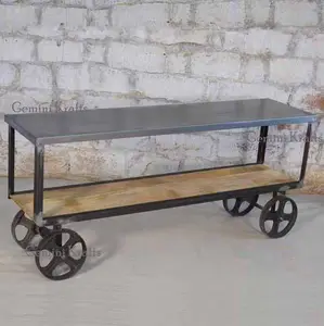 Industrial Console Table, Iron & Wooden With Wheel Table Consoles