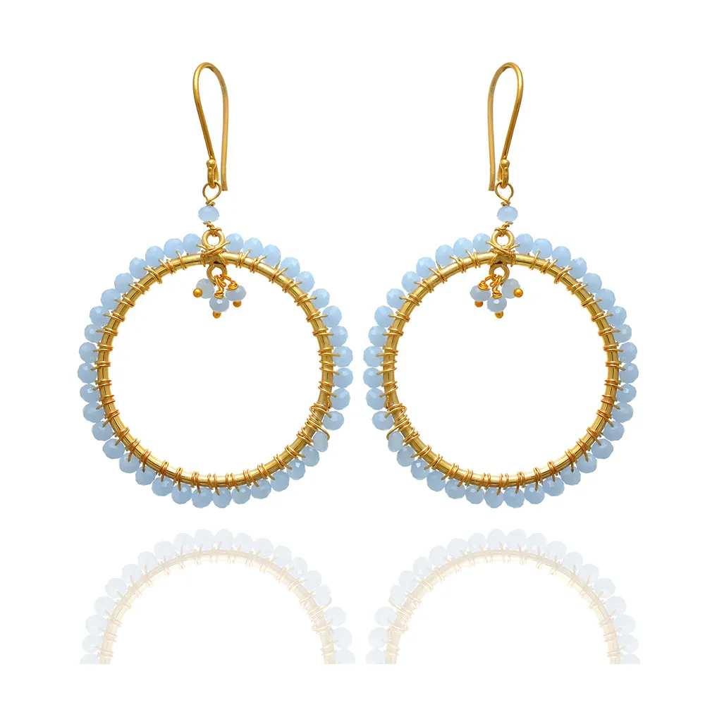 Wholesale Jewelry online 925 Sterling Silver Aqua Chalcedony Beads Gold Plated Hoop Earrings for Sale
