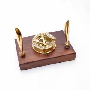 Alloy Brass Glass Office Corporate Desktop Gift Decor Sundial Compass Pen Stand Holder with Wooden Base Novelty Metal Material - Product Image 1