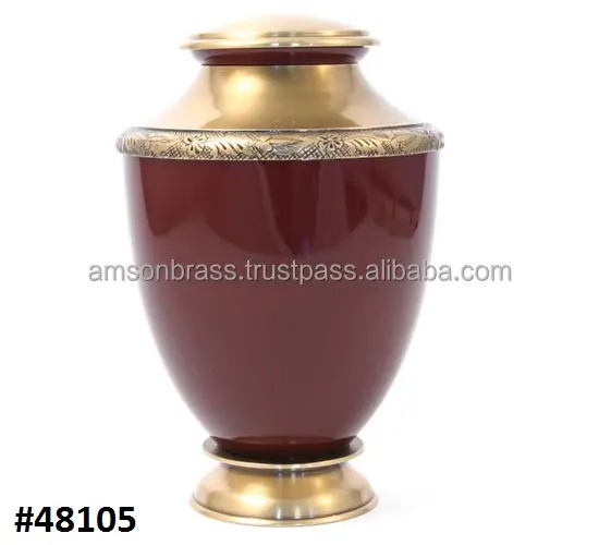 Enamel Printed Keepsake Funeral Cremation Urns for Ashes Metal Brass Maroon Classic Urn with Brass Base