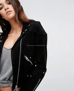 Bulk Fashion Genuine Sheep Skin Pink Biker Style Women Genuine Suede Leather Motorbike Jacket & Coats