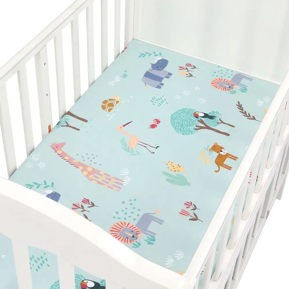 Thiết Kế Mới Tấm Trải Giường Cũi Mini Độ Sâu 5 Inch-6 Inch Thỏ In Hữu Cơ 100% Cotton Được Trang Bị Tấm Trải Giường