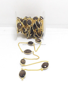 Bisel de joyería Vintage hecho a mano de cuarzo ahumado chapado en oro de 24 quilates, cadena Bohemia con piedra de nacimiento, hallazgos y componentes de joyería llamativos - Product Image 1