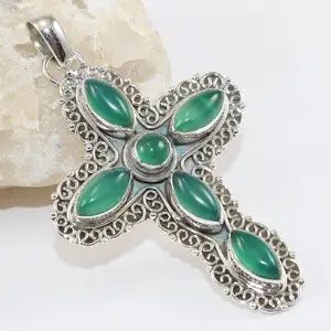 Pendentif éblouissant en argent sterling 925, bijoux en onyx vert, croix, pierre précieuse