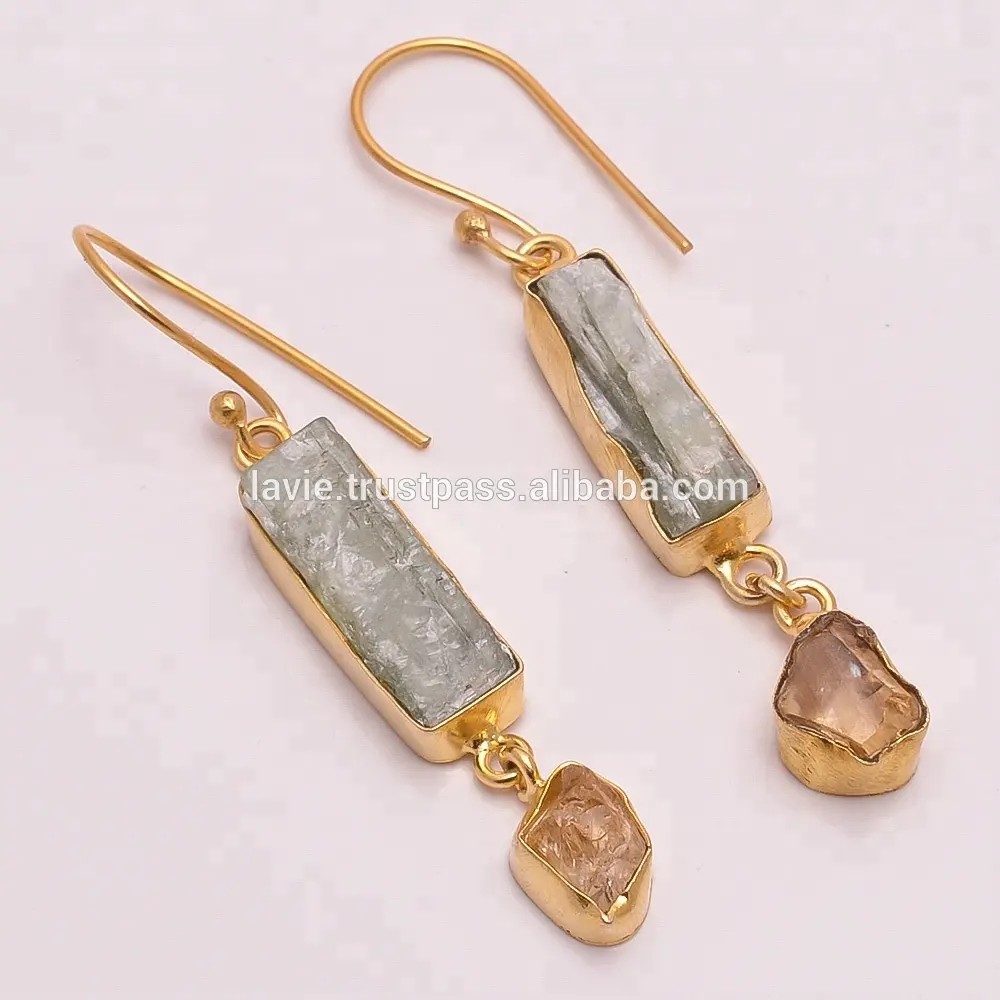 Designer de Jóias Em Bruto Verde Kyanite Natural Citrino Brincos de Pedras Preciosas, Ouro Vermeil Banhado A Jóia de Bronze