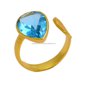 Anillo de plata 925 clásico hermoso Topacio Azul pera piedra preciosa chapado en oro Ajuste de bisel Unisex para fiesta de boda otras ocasiones - Product Image 1