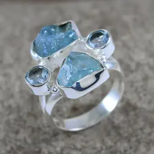 Anillo de gema en bruto de Aguamarina, anillo de Plata de Ley 925 hecho a mano, joyería de plata, proveedor exportador