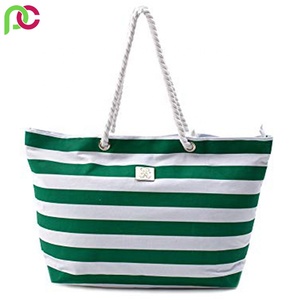 2022 venta al por mayor barato reutilizable personalizado impreso tela de algodón duradero azul blanco rayas cuerda bolso playa bolsa de lona cremallera carta - Product Image 3