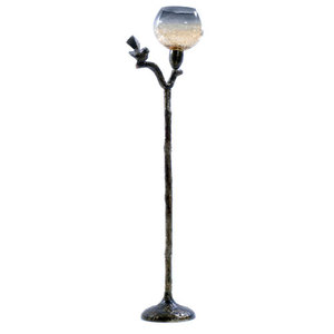 Adorno Navideño de Hierro Forjado Fundido en Negro Mate con Textura Rugosa, con Pájaro Sentado sobre un Portavelas de Vidrio - Product Image 1