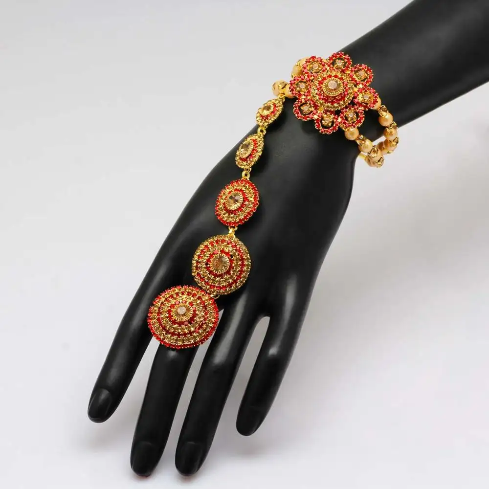 Conjunto de 3 piezas de joyería india, Diamante de imitación, Color rojo y dorado