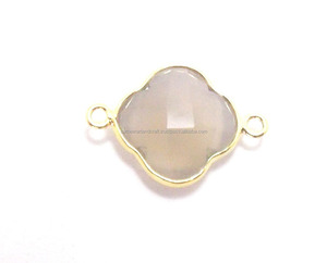 24K chapado en oro hermosa Calcedonia gris 12X12mm facetado trébol bisel piedra de nacimiento Boho conector para joyería de declaración - Product Image 5
