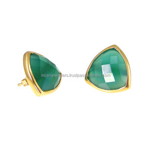 925 <b>sterling</b> <b>silver</b> green onyx gemstone gold vermeil <b>stud</b> <b>earrings</b> - Product Image 1