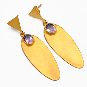 Pendientes de Amatista, Pendientes de Plata con Piedras Preciosas, Joyería Chapada en Oro, Fabricante Mayorista, Pendientes Colgantes de Moda con Forma Ovalada para Unisex - Product Image 2