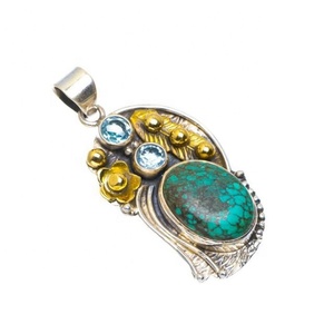 El colgante de múltiples piedras preciosas turquesa de Plata de Ley 925 más esperado Estilo vintage Tono dual-Joyería fina Directo del proveedor - Product Image 1