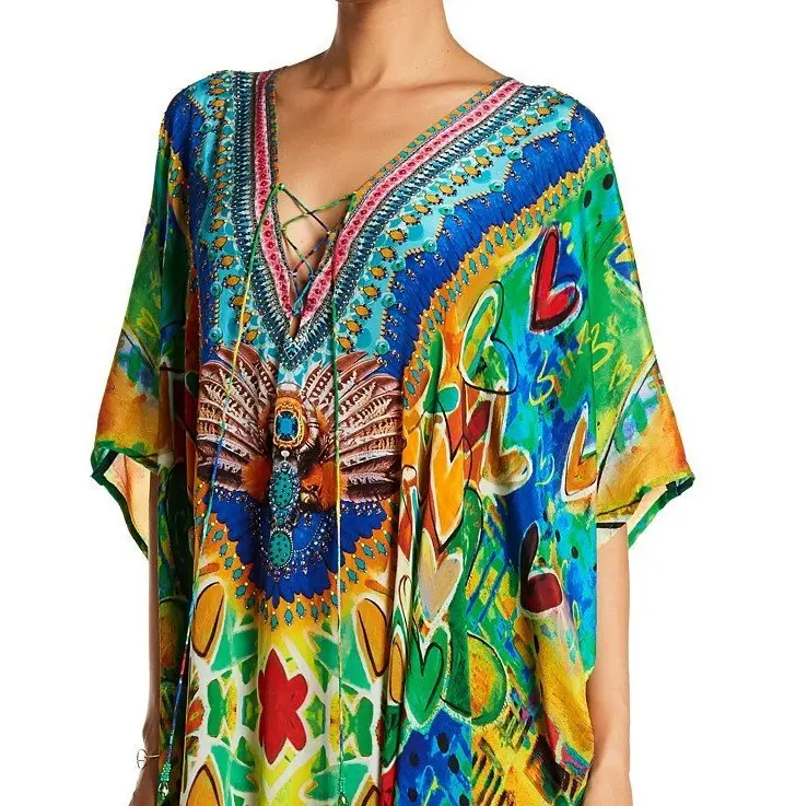 Neue modische Damen bekleidung gedruckt Seide Kaftan V-Ausschnitt Designs knöchel lang verziert sexy Kaftan