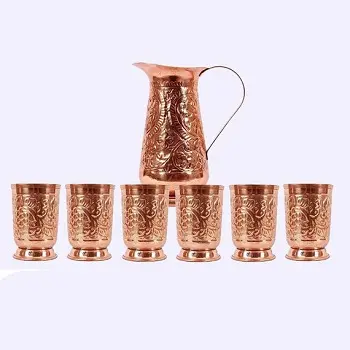 CUTE COPPER WATER PITCHER WITH 6 GLASS HOME STORE KITCHEN DECORATIVE COPPER PITCHER WITH 6 GLASS