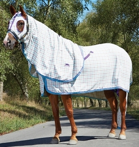 Couverture d'été pour cheval Ripstop avec capuche intégrée, doublure en coton, tissu en polyester |   Couverture d'été légère en ripstop pour cheval avec capuche intégrée - Product Image 1