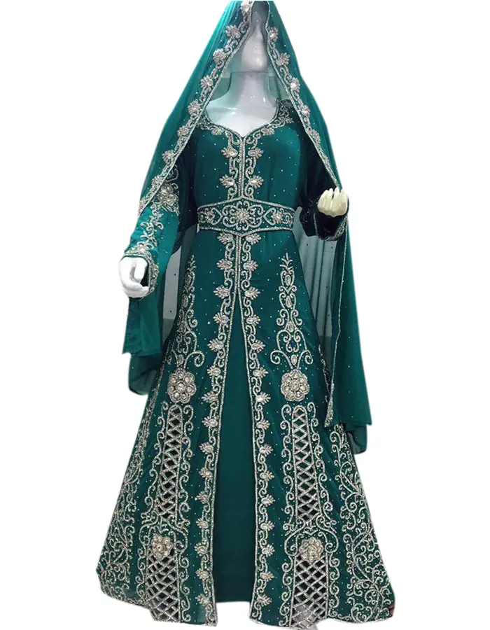 Georgette kaftan frisado partywear marroquino kaftan árabe vestido de cristal real trabalho de bordado cor verde