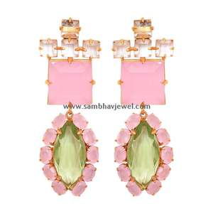Fashionable Jewelry 925 Solid Sterling <b>Silver</b> Natural Pink Chalcedony Gemstone Micron Gold Plated <b>Dangle</b> <b>Earrings</b> For Women - Product Image 1