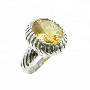 Natuurlijke Rock 925 Sterling Zilver Gele Citrien Ronde Edelsteen Ring Handgemaakte Mode Zilveren Sieraden Ringen
