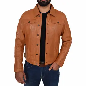 Top Fashion Design Comfortable Style Mens Leather Lee Rider Casual Jacket Terry Tan With 100% Genuine Leather