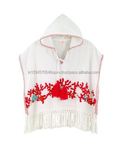 Breezy Batwing Sleeves Gorgeous Playful Exciting Beach Caftan Baby Girl Cotton Sea Coral Embroider Hooded Cover Up For Cute Kids - Product Image 2