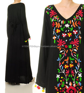 Dress of This Summer Women's Wear Long Maxi With Multicolored Floral Embroidery & <b>Pom</b> <b>Pom</b> <b>Trim</b> Sleeve Swim Hot Beachwear Caftan - Product Image 3