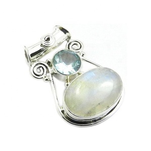 Natural 925 Sterling <b>Silver</b> Blue Topaz Rainbow Moonstone Multi Gemstone Pendant Fine Jewelry Pendants & <b>Charms</b> - Product Image 1