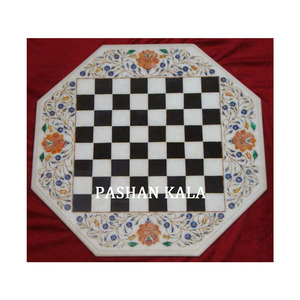 Octogonal Shape Indian Supplier Marble Inlay <b>Chess</b> Design <b>Table</b> Top - Product Image 1