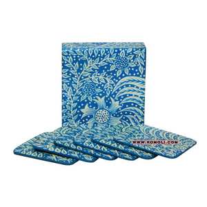 Blue Leaf Flower Motif Hand Painted Custom <b>Blank</b> <b>Wood</b> Coasters - Product Image 1