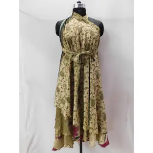 Винтажное Шелковое Сари, женская одежда, двухслойная пляжная одежда, длинное платье с запахом и двусторонней юбкой, волшебное богемное платье в стиле хиппи, Цыганская юбка