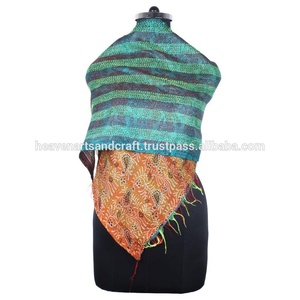 Kantha Work Silk Handmade Vintage Style Scarf Trendy Design for Girls SC1218 Scarves Vintage Kantha Hand Stitched Cotton Allover - Product Image 2