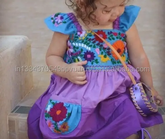 Directa de fábrica al por mayor bebé niñas lindo turquesa púrpura contraste vestido delicada mano bordado mexicano vestido de túnica para niños