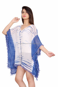Trendy Women's Casual Blue 100% Cotton <b>Kaftan</b> Unique Stylish Eco-Friendly <b>Dress</b> Tie-Dye with Pom Pom Plain Dyed Digital Printed - Product Image 3