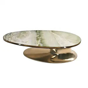 โต๊ะกาแฟท็อปหินอ่อน เฟอร์นิเจอร์ห้องนั่งเล่นหรูหราชุดโต๊ะกาแฟ สแตนเลสขัดนิล สีขาวทองสไตล์โมเดิร์น