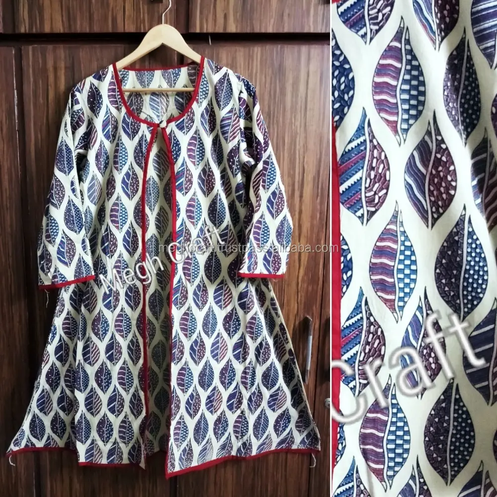 WomenのLeaf Printed Long Jackets - Kediya Jacket - Angrakha Jacket - Cotton Ajrakh Jacket-WomenのIndo Western Fashion Wear