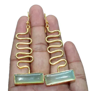 Newest selling art deco styling zig zag gold plated dangle aqua chalcedony earring