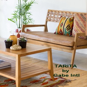 Canapé-lit deux places en teck massif tissé ouvert en cuir de noyer clair coussins tapissés bras coudés Design vintage contemporain - Product Image 1