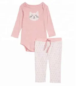 猫绣花紧身衣和印花裹腿套装婴儿睡衣套装两件套连裤套装