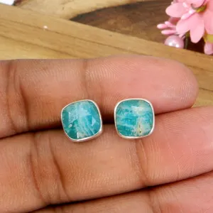 Natural amazonite gemstone 925 sterling silver handmade bezel set stud earring