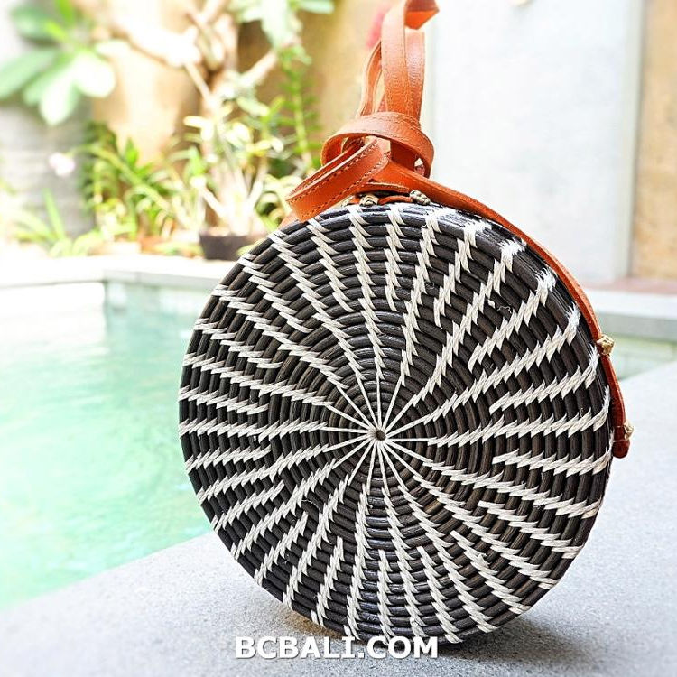 Rattan Round Straw Bag Black Un Bali Sling Black Leather Handmade