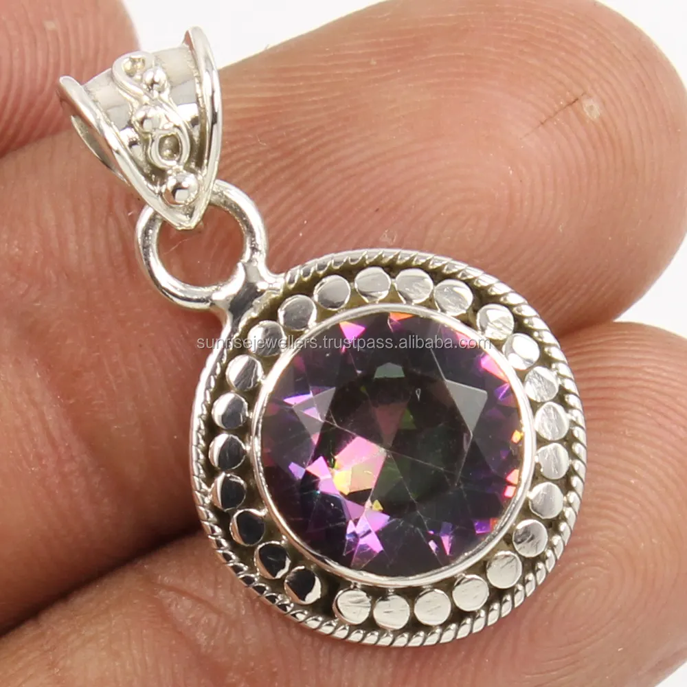 Autentico quarzo mistico autentico viola taglio rotondo gemma 925 puro argento Sterling gioielli bellissimo ciondolo solitario