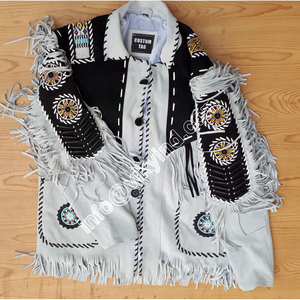 Chaqueta de cuero de gamuza occidental de diseño personalizado de cuero PU de alta calidad con cuentas, flecos y huesos, - Product Image 3