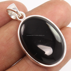 Natural BLACK ONYX Oval Big Gemstone 925 Solid Sterling Silver Indian Bezel Setting Jewellery <b>Pendant</b> for Women - Product Image 1